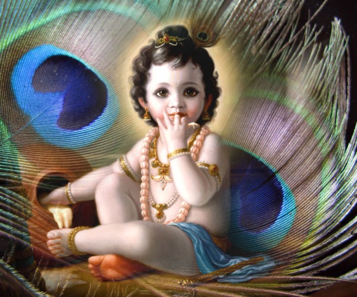 Baby Krishna with Peacock Feathers